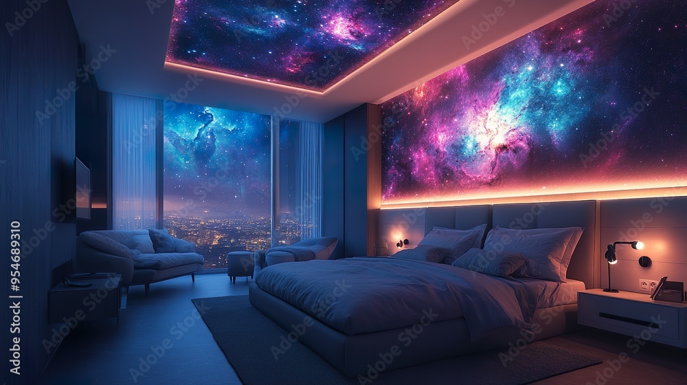 Celestial inspired escape with a cosmic mural and glowing stars on the ceiling Celestial inspired escape with a cosmic mural and glowing stars on the ceiling