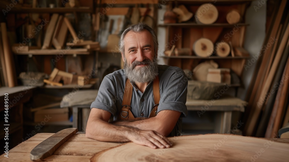 A seasoned craftsman smiles warmly while resting his arms on a large wooden slab in a well-equipped workshop filled with various tools and materials, showcasing his dedication to woodworking