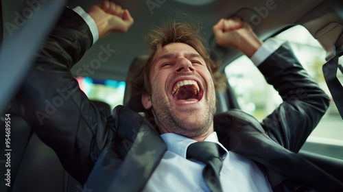 A man exudes excitement in a car, passionately celebrating with raised arms and a big smile. His formal attire contrasts with the carefree moment reflecting pure joy on a sunny day photo