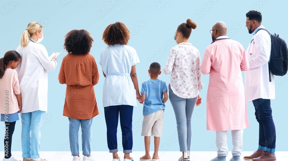 A group of healthcare professionals stands together with a child, showcasing diversity and unity in a welcoming clinic environment, striving for wellness during a health initiative A group of healthcare professionals stands together with a child, showcasing diversity and unity in a welcoming clinic environment, striving for wellness during a health initiative