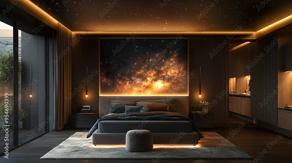 Fototapeta premium Intergalactic escape with a cosmic mural and glowing stars on the ceiling