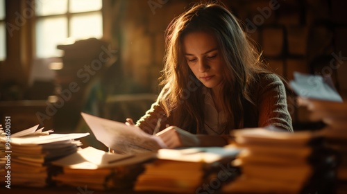 In a cozy, illuminated space, a woman is deeply engaged in reviewing paperwork surrounded by piles of documents, reflecting concentration during a peaceful afternoon