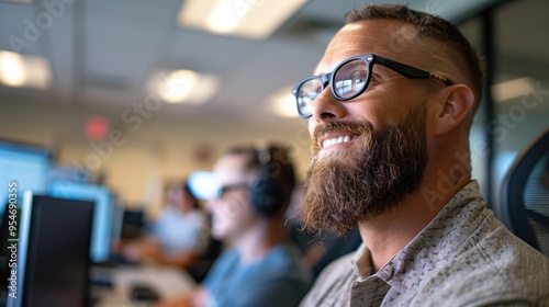 A smiling man with a beard and glasses works attentively in a contemporary office. His colleagues are visible in the background, showcasing a collaborative work environment with computers