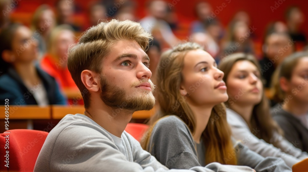 Fototapeta premium A diverse group of students is focused on a lecture in a university auditorium. The setting features bright red seating, creating a lively and engaging environment for learning