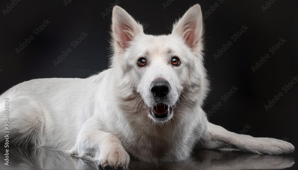 White dog looking at the camera, black background. White dog looking at the camera, black background.
