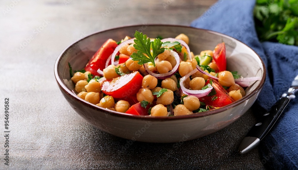 Chickpea salad with tomatoes, cucumbers, onions on a white background. Selective focus. Oriental and Mediterranean cuisine. Chickpea salad with tomatoes, cucumbers, onions on a white background. Selective focus. Oriental and Mediterranean cuisine.