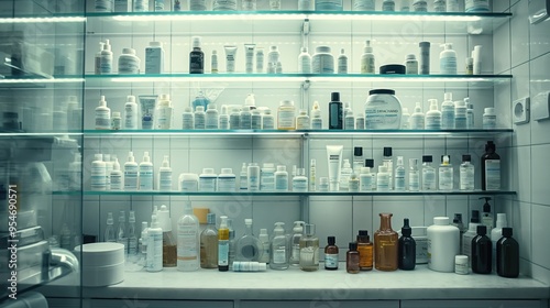 An assortment of skincare products neatly arranged on glass shelves in a bathroom cabinet, showcasing various bottles and jars for personal care