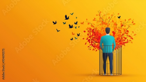 Person in a cage of data, trapped by digital privacy concerns, flat design illustration