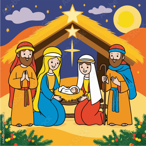 colourful Nativity scene depicting baby Jesus, Mary, Joseph and the Magi in Bethlehem simple line drawing