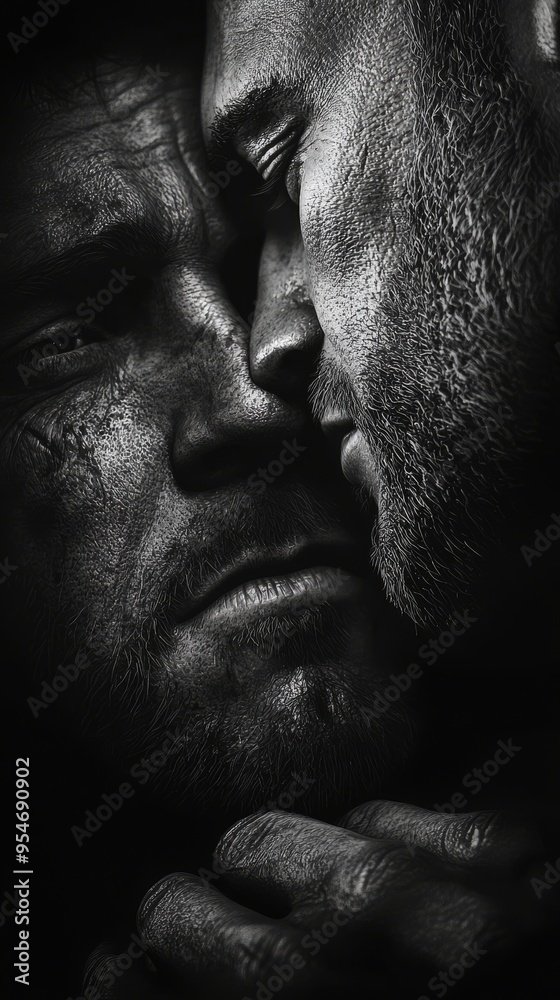 Black and White Close-Up of Two Men Facing Each Other, Capturing an Intense and Intimate Moment with Detailed Texture Black and White Close-Up of Two Men Facing Each Other, Capturing an Intense and Intimate Moment with Detailed Texture