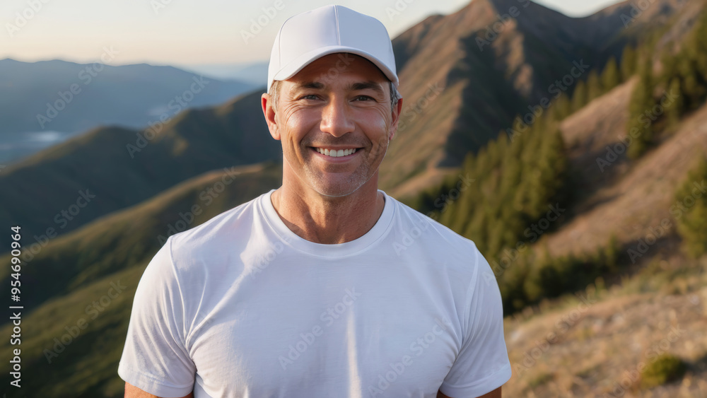 Man wearing white t-shirt and white baseball cap standing on a mountain Man wearing white t-shirt and white baseball cap standing on a mountain