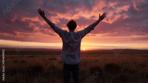 A person stands with arms raised, embracing the colorful sunset over the horizon in a serene natural setting