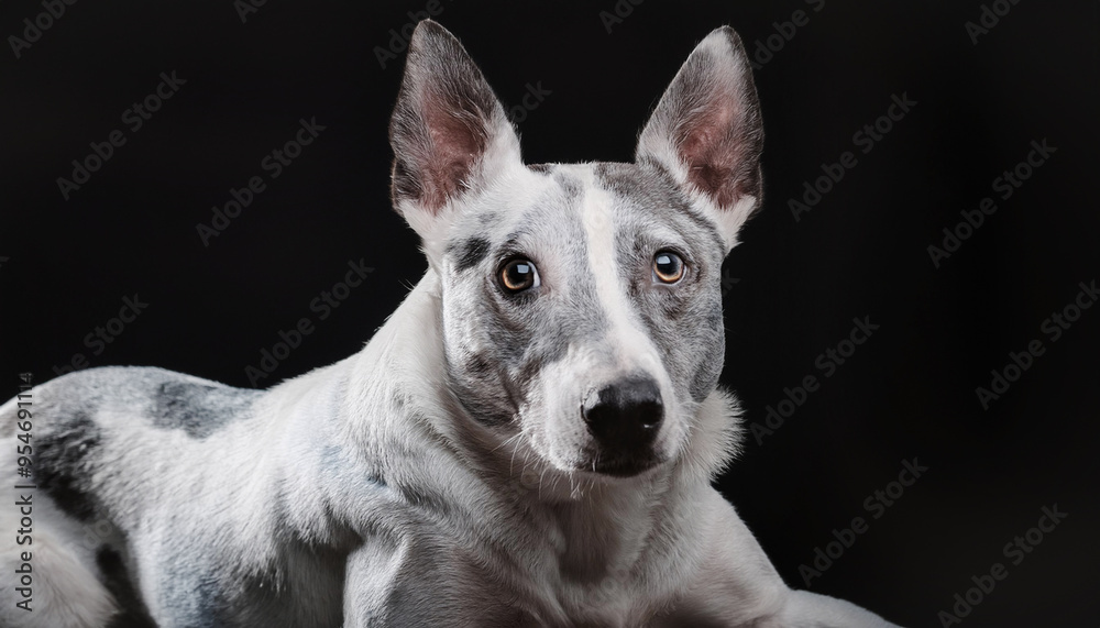 White dog looking at the camera, black background. White dog looking at the camera, black background.