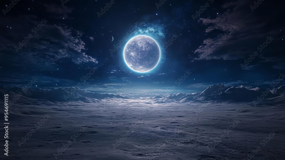 Fototapeta premium A mesmerizing night sky featuring a glowing moon surrounded by dramatic clouds and serene landscapes, perfect for tranquil scenes.