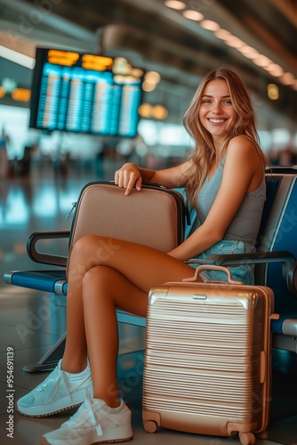 Young woman waiting at the airport with luggage and smiling warmly, copy space for space, tourism advert, tour advertising