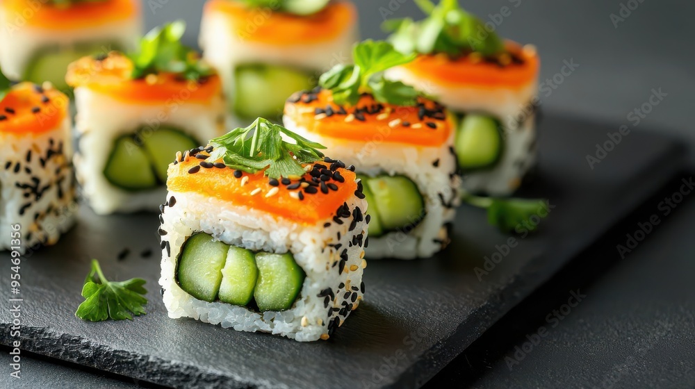 Delicious sushi rolls topped with fresh salmon and garnished with herbs on a dark stone plate. Perfect for food lovers. Delicious sushi rolls topped with fresh salmon and garnished with herbs on a dark stone plate. Perfect for food lovers.