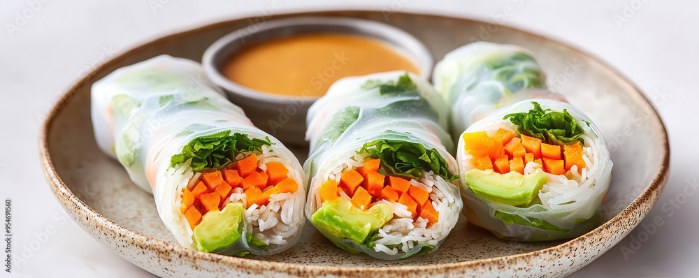 Fresh and colorful spring rolls served with a creamy dipping sauce, perfect for a healthy snack or appetizer. Fresh and colorful spring rolls served with a creamy dipping sauce, perfect for a healthy snack or appetizer.