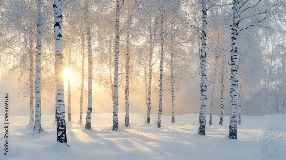 Sunbeams through Snowy Birch Tree Forest Sunbeams through Snowy Birch Tree Forest