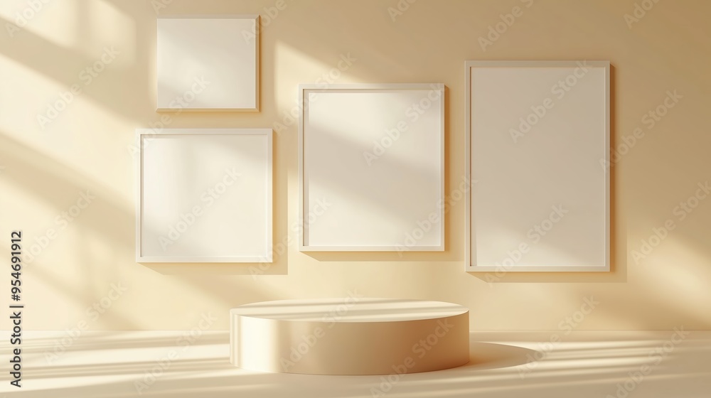 Minimalist gallery interior with empty frames and spotlighting in a soft pastel hue during daylight Minimalist gallery interior with empty frames and spotlighting in a soft pastel hue during daylight