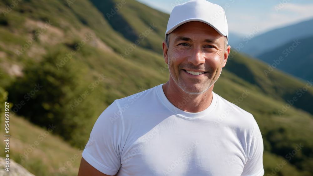 Man wearing white t-shirt and white baseball cap standing on a mountain Man wearing white t-shirt and white baseball cap standing on a mountain