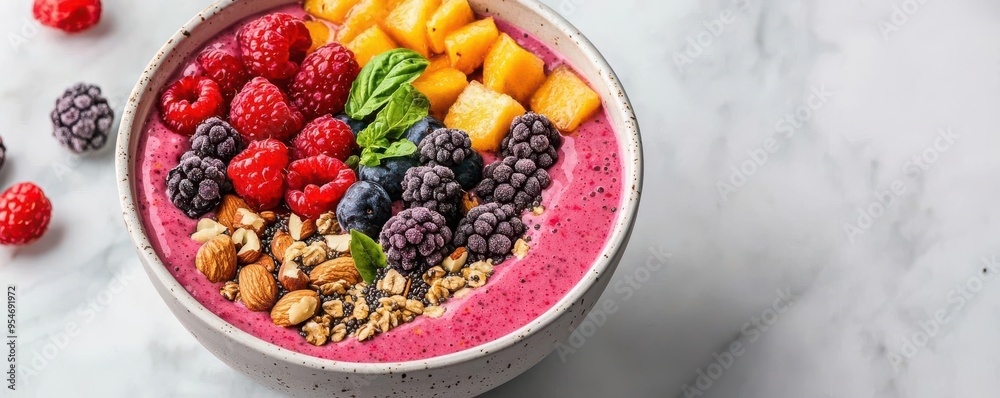 Vibrant smoothie bowl topped with fresh fruits, nuts, and granola, perfect for a healthy breakfast or snack. Vibrant smoothie bowl topped with fresh fruits, nuts, and granola, perfect for a healthy breakfast or snack.