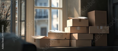 Several cardboard boxes are stacked on top of each other near the window as preparations for a move to a new location. with copy space image. Place for adding text or design photo