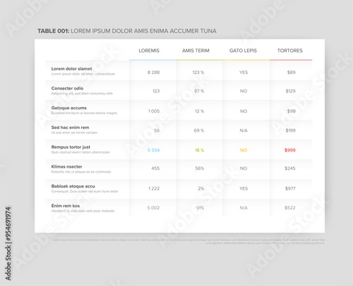 Multipurpose simple table layout template with nice minimalistic design - light color version with shadows around the table on the light gray background