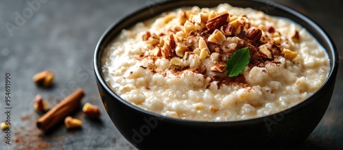 Rice pudding topped with nu...