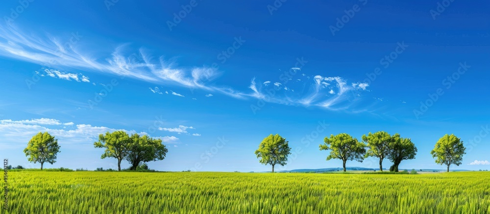 Trees positioned in a buckwheat field under a blue sky. with copy space image. Place for adding text or design Trees positioned in a buckwheat field under a blue sky. with copy space image. Place for adding text or design