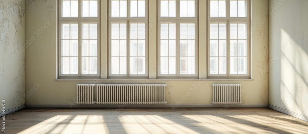 Vacant room with windows and a radiator in natural light. with copy space image. Place for adding text or design