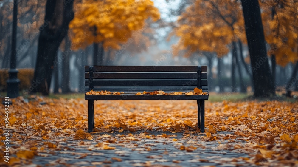 Autumn Serenity: Park Bench Amidst Vibrant Leaves Autumn Serenity: Park Bench Amidst Vibrant Leaves