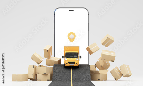 Delivery van car. yellow car with packaging. Shipping, delivery service, cargo and carton. Transportation fast delivery. Fast parcel delivery to buyers safely and on time. 3D render illustration photo