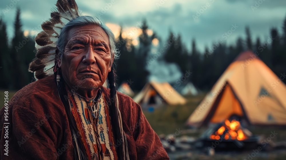 Native American Elder Sitting by a Campfire in the Mountains, Wearing Traditional Clothing with Tents in the Background, Capturing a Peaceful and Reflective Evening Scene Native American Elder Sitting by a Campfire in the Mountains, Wearing Traditional Clothing with Tents in the Background, Capturing a Peaceful and Reflective Evening Scene