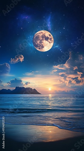 A serene landscape featuring a full moon over a calm ocean at sunset, with starry sky and soft waves reflecting the light.