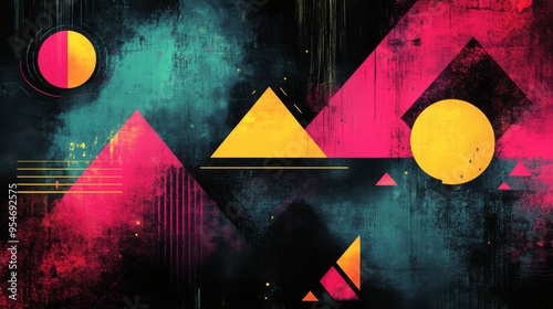 Abstract geometric art with pink, yellow, and turquoise shapes on a dark background photo