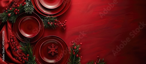 Several red plates are arranged on a red tablecloth accompanied by Christmas tree branches on the table Christmas concert. with copy space image. Place for adding text or design photo