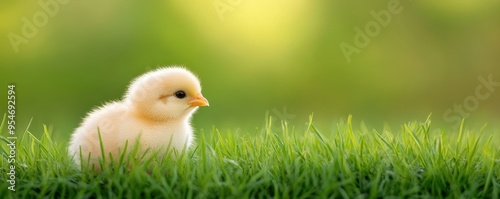 A cute yellow chick standing on green grass, showcasing the beauty of nature and the innocence of young animals.