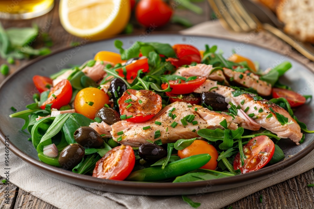 Delicious Grilled Salmon Salad with Fresh Vegetables and Herbs, Healthy and Flavorful Meal Delicious Grilled Salmon Salad with Fresh Vegetables and Herbs, Healthy and Flavorful Meal