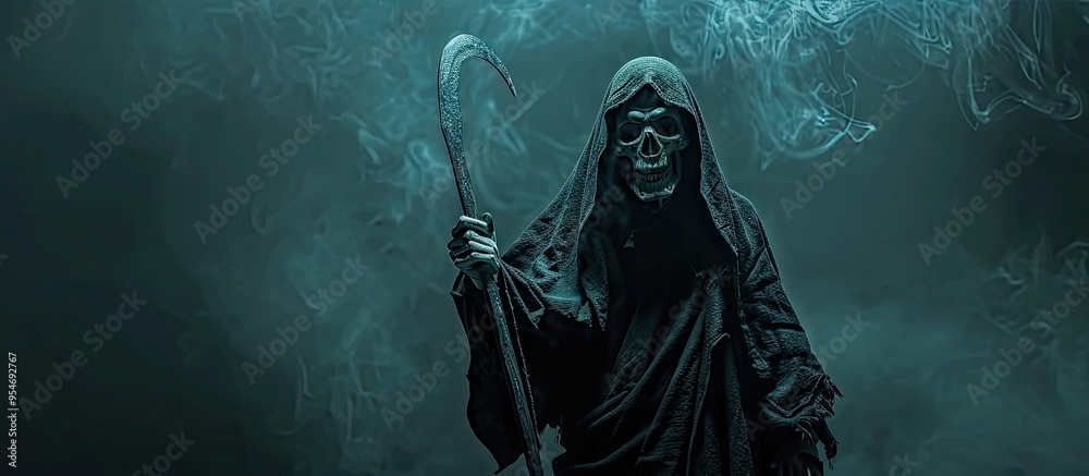 Grim reaper extending toward the camera against a dark background with copy space Grim reaper extending toward the camera against a dark background with copy space