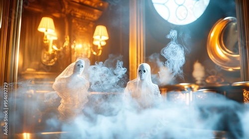 A haunted attraction with ghostly figures floating around vintage luxury decor, set against a moody watercolor backdrop