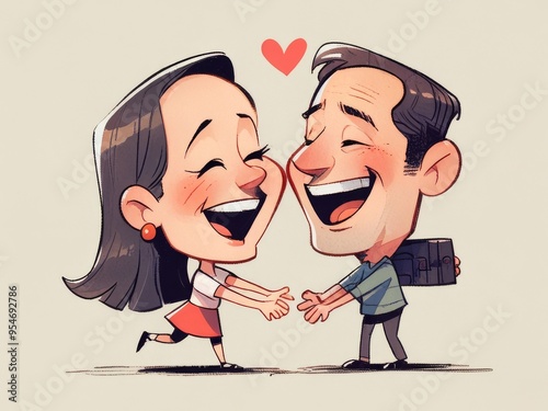 Happy Couple Shaking Hands, Cartoon Caricature Illustration