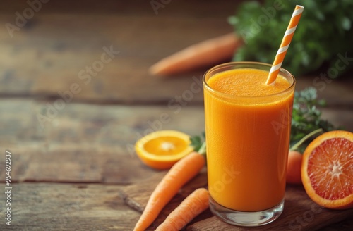 Orange and Carrot Juice on Wooden Table