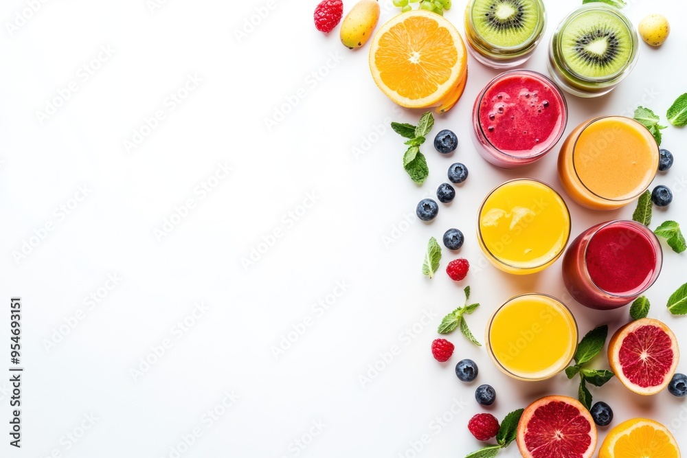 Refreshing Fruit Smoothies and Ingredients on White Background Refreshing Fruit Smoothies and Ingredients on White Background