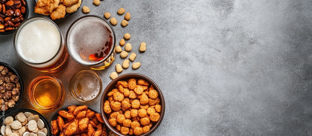 High angle view of different beer snacks on a gray background Copy space High angle view of different beer snacks on a gray background Copy space