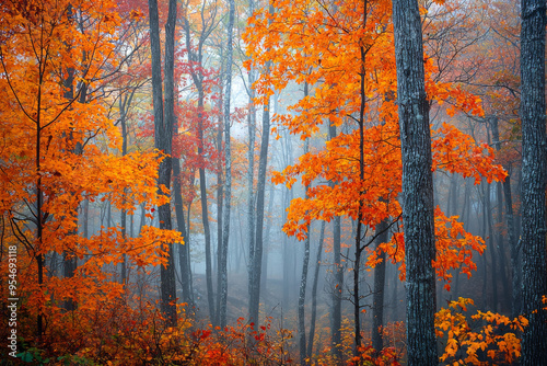 A serene forest scene featuring vibrant orange foliage amidst a misty atmosphere, evoking tranquility and autumn beauty.