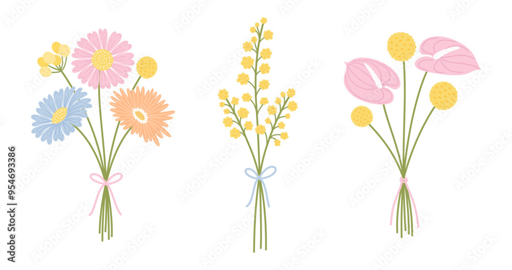 Naklejka premium Set of bouquet wildflowers. Floral bunch. Flowers tied with ribbon, vector illustration. Meadow herbs, and wild plants for design projects