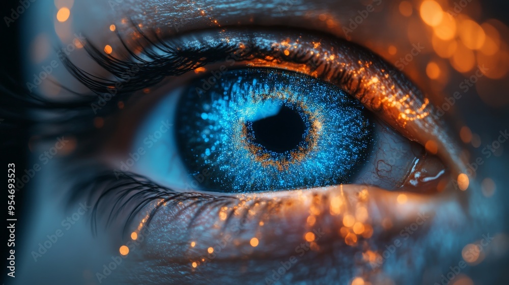 Abstract eye with blue digital connections on a dark background, an AI technology concept. Close-up of a human iris in a futuristic style. Big data and artificial intelligence. High-resolution, Abstract eye with blue digital connections on a dark background, an AI technology concept. Close-up of a human iris in a futuristic style. Big data and artificial intelligence. High-resolution,