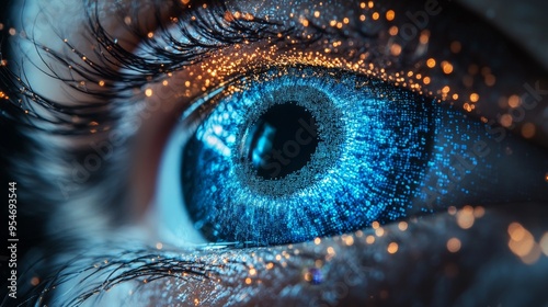 Digital eye with a blue glowing iris and digital connections on a dark background, a futuristic technology concept for biometric security or machine learning in a business setting.