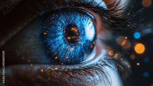 Digital eye with a blue glowing iris and digital connections on a dark background, a futuristic technology concept for biometric security or machine learning in a business setting.