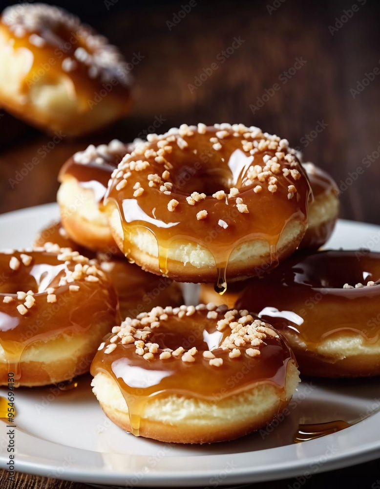 A stack of honey glazed donuts with a glossy caramel coating, adorned with crunchy toppings, inviting you to indulge in a sweet treat. These donuts are ideal for any dessert lover. Generative AI A stack of honey glazed donuts with a glossy caramel coating, adorned with crunchy toppings, inviting you to indulge in a sweet treat. These donuts are ideal for any dessert lover. Generative AI